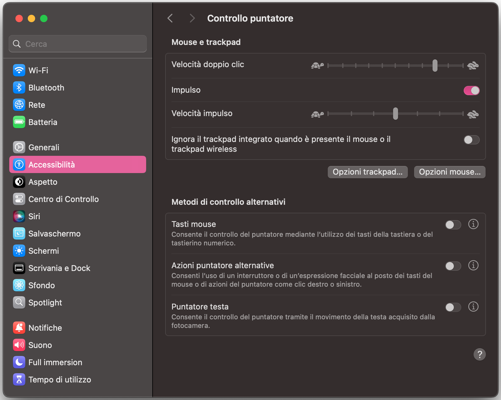 In Controllo puntatore, cerca la sezione Metodi di controllo alternativi. Se non ti servono, disattivali e prova di nuovo a usare il mouse.
