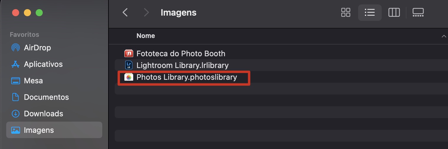 Procure o arquivo da Photos Library na pasta Imagens.