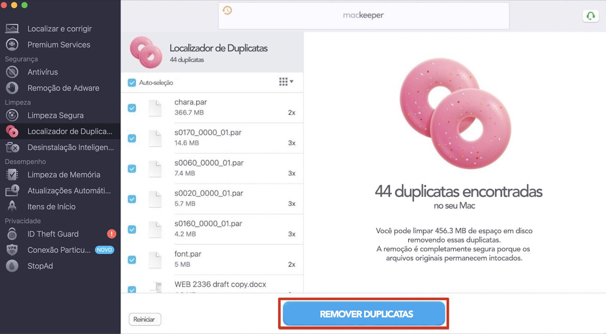 Veja a lista de cópias após a verificação. Selecione os arquivos que deseja excluir e marque as caixas. Clique em Remover Duplicatas.