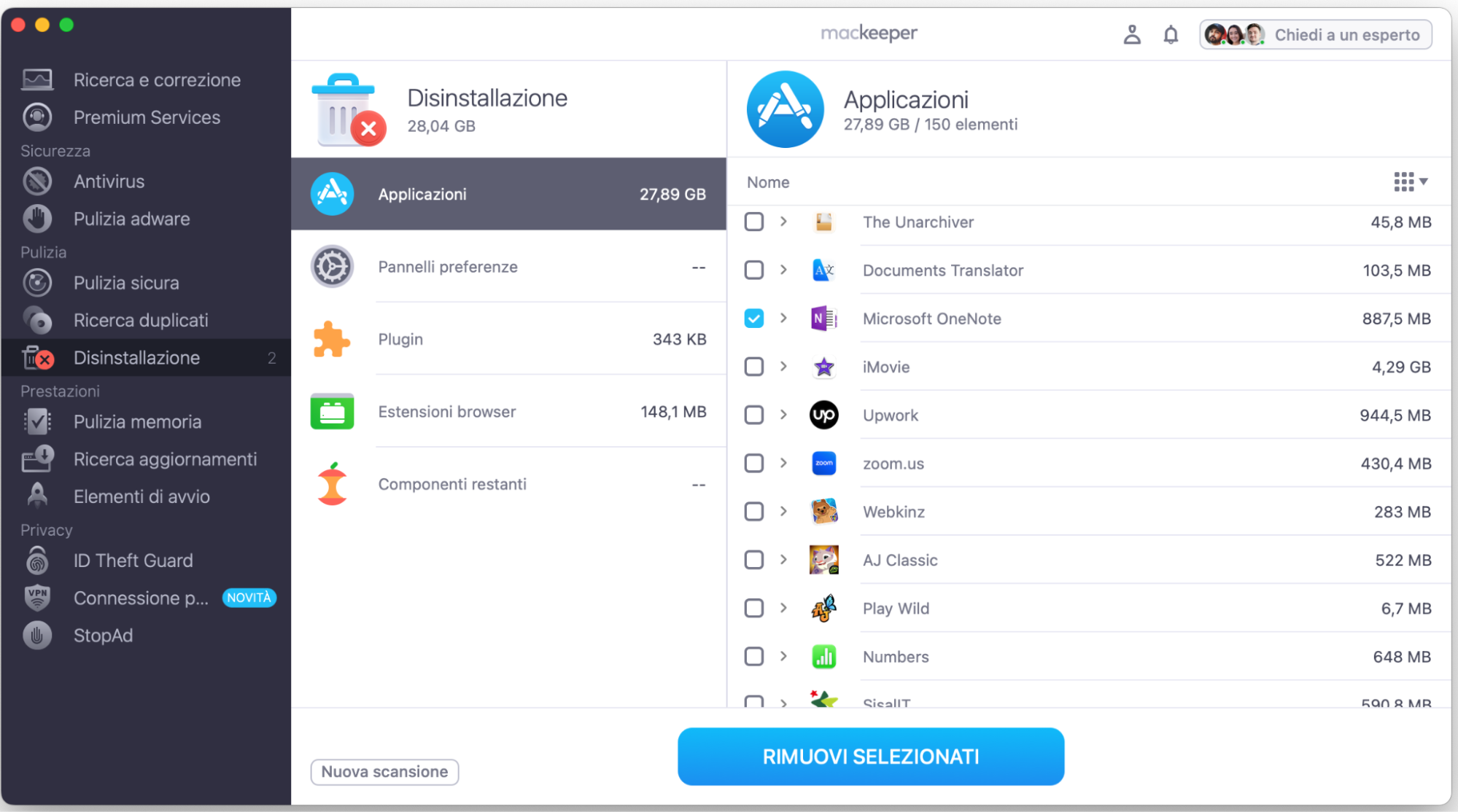 L’app di MacKeeper mostra lo strumento Disinstallazione, che aiuta l’utente a eliminare app, widget e altri elementi superflui.