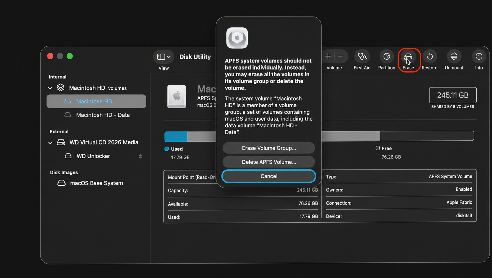 Disk Utility in macOS Recovery on an Apple laptop with Macintosh HD selected and the Erase button highlighted to wipe the disk.