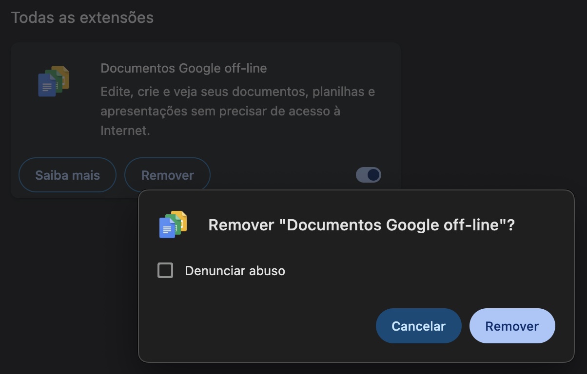 Por fim, para remover a extensão, clique no botão Remover que aparece na janela de confirmação. Exclua qualquer coisa que pareça suspeita ou que você não se lembre de ter instalado.