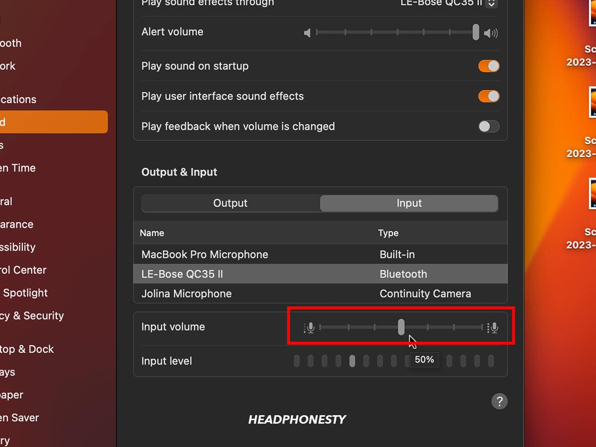 Mac’s Sound Settings appear on the screen. Drag the sliders in the Input section to adjust audio settings for your Bose headphones on your Mac.