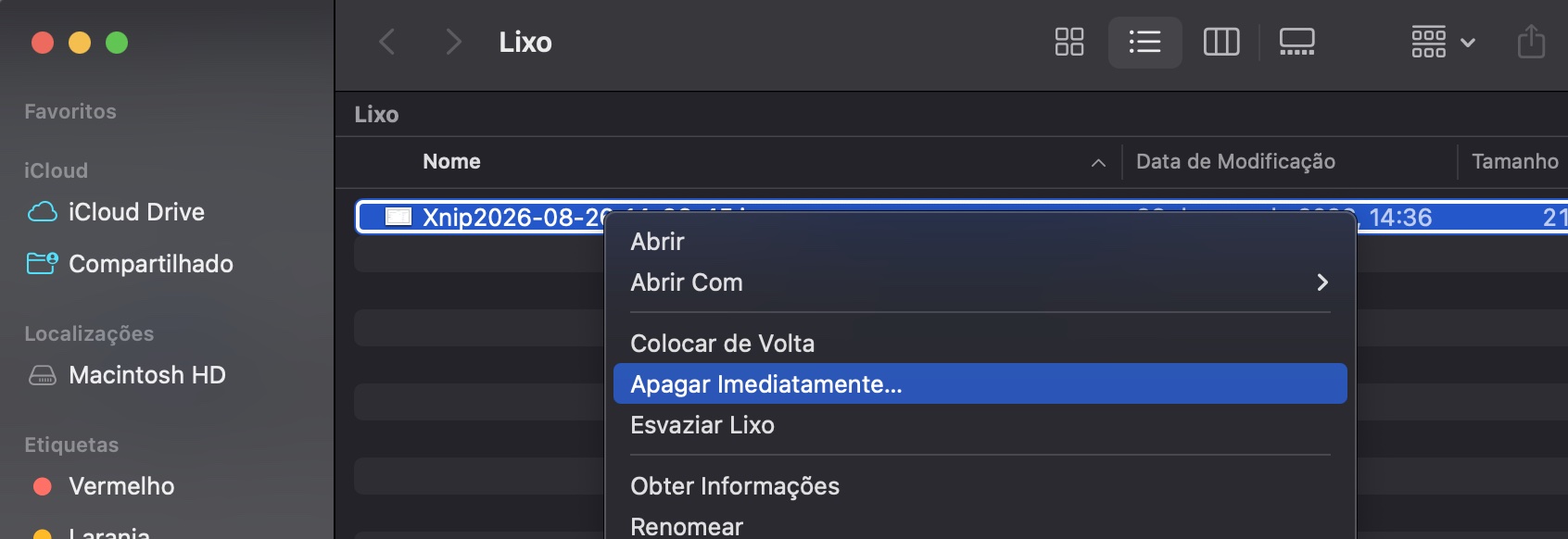Se você ainda não consegue esvaziar o Lixo no Mac, vá até o arquivo que quer eliminar. Em seguida, clique no botão Apagar Imediatamente.