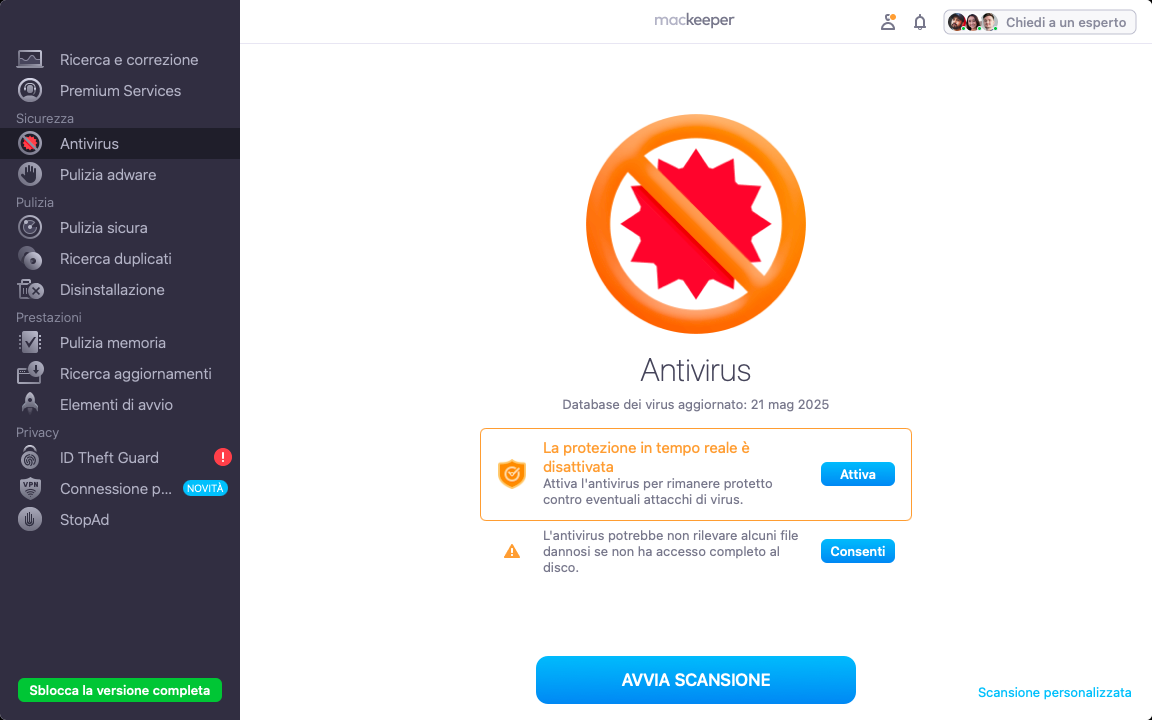 L'antivirus di MacKeeper offre scansioni in tempo reale e su richiesta. Per avviare una scansione, aprire lo strumento e fare clic sul pulsante Avvia scansione.