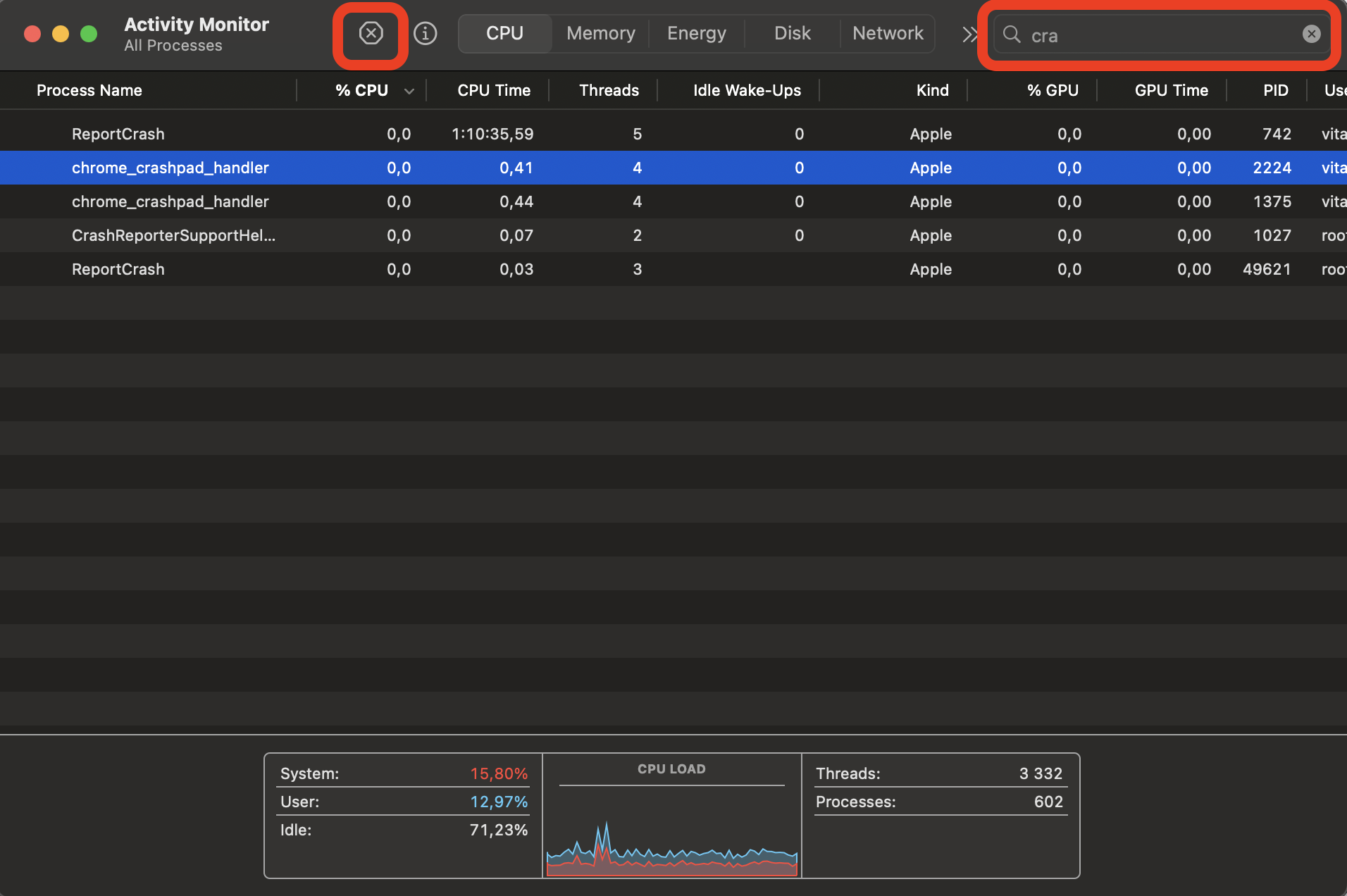 Activity Monitor app on macOS with crashpad typed into the search bar and the X button highlighted to force-quit the process on a Mac.