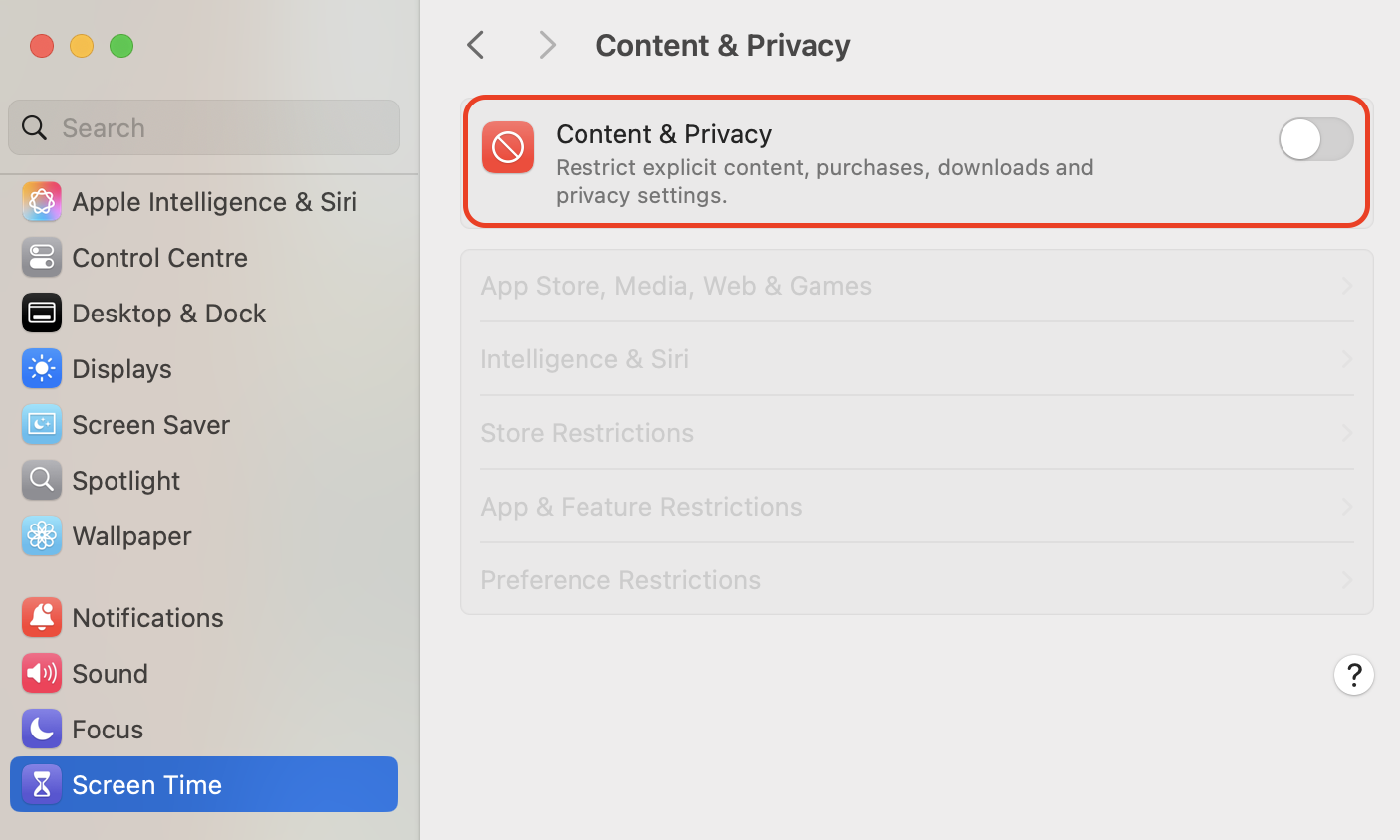 Click Content & Privacy in Screen Time settings, then switch the Content & Privacy toggle on to unlock the web content restrictions for Safari on your Mac.