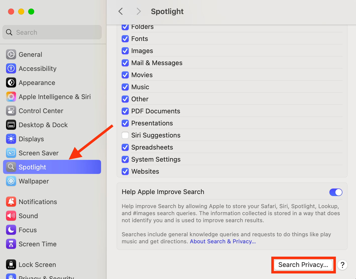 The Spotlight menu inside System Settings on Mac. Here, you can select files and folders that you want to exclude from Spotlight search, which is handy if corespotlightd is getting stuck trying to process certain data.