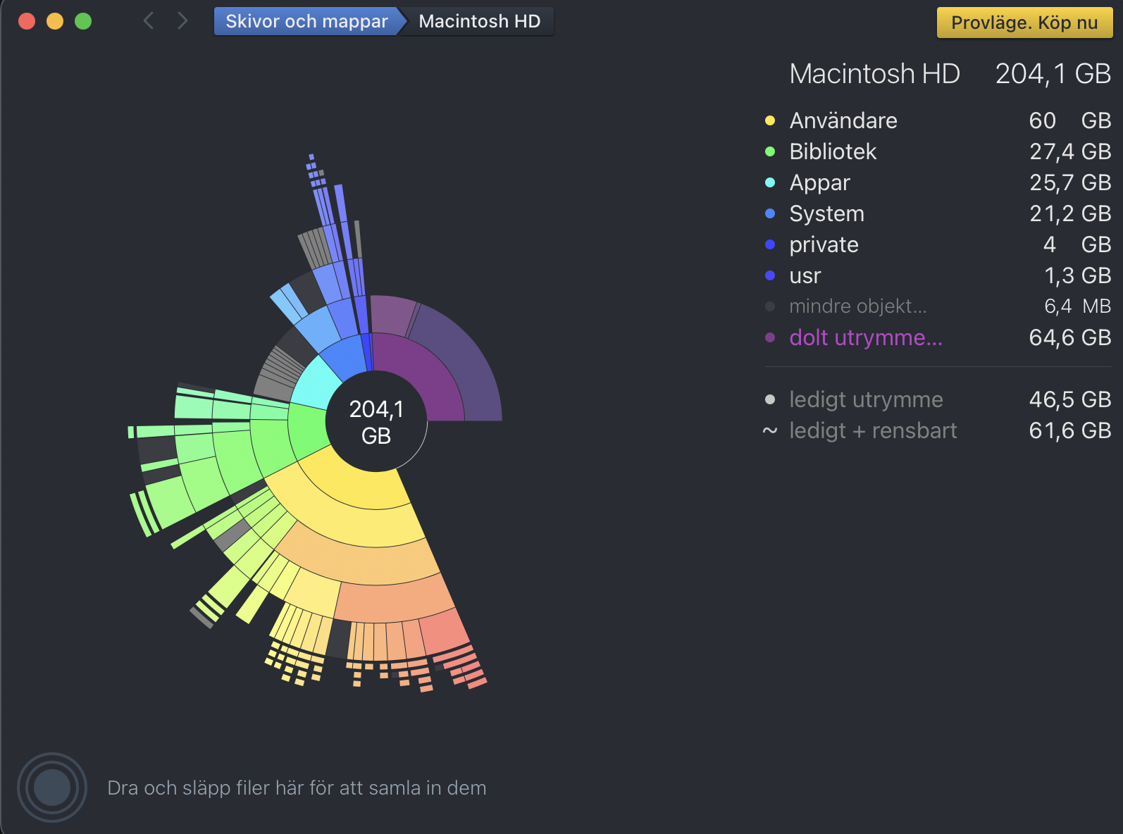 Resultatet från en genomsökning i DaisyDisk på en MacBook, med en grafisk uppställning av använt och ledigt lagringsutrymme.