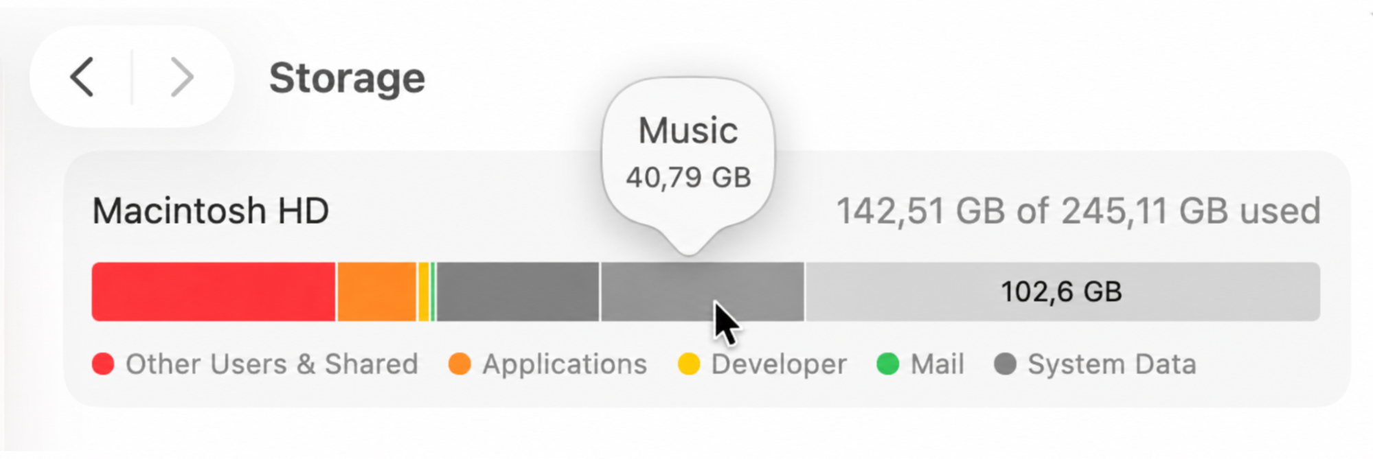 Storage bar on macOS with the Music category tooltip reading 40.79 GB, showing how much space Apple Music uses on this Apple laptop.