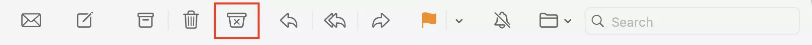 Eine Symbolleiste aus der macOS Apple E-Mail-App mit hervorgehobener Junk-E-Mail-Schaltfläche.