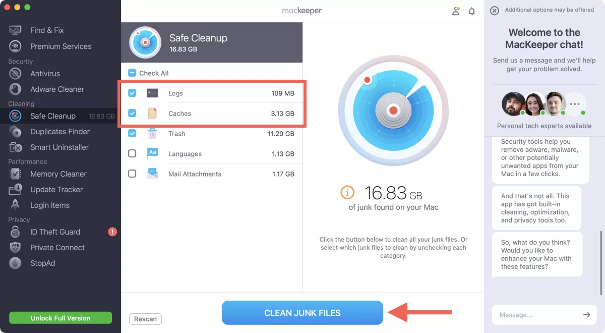 MacKeeper open on Mac. The MacKeeper dashboard screenshot demonstrates how to scan your Mac for junk files in MacKeeper during WindowServer high memory usage troubleshooting.