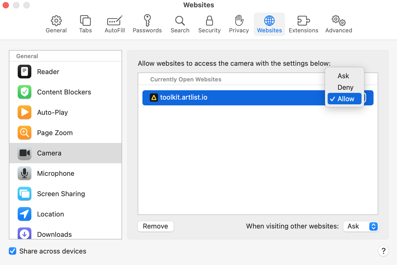 Camera settings are open on a MacBook device. Click Allow to enable camera permissions to allow Safari to access the camera on Mac.