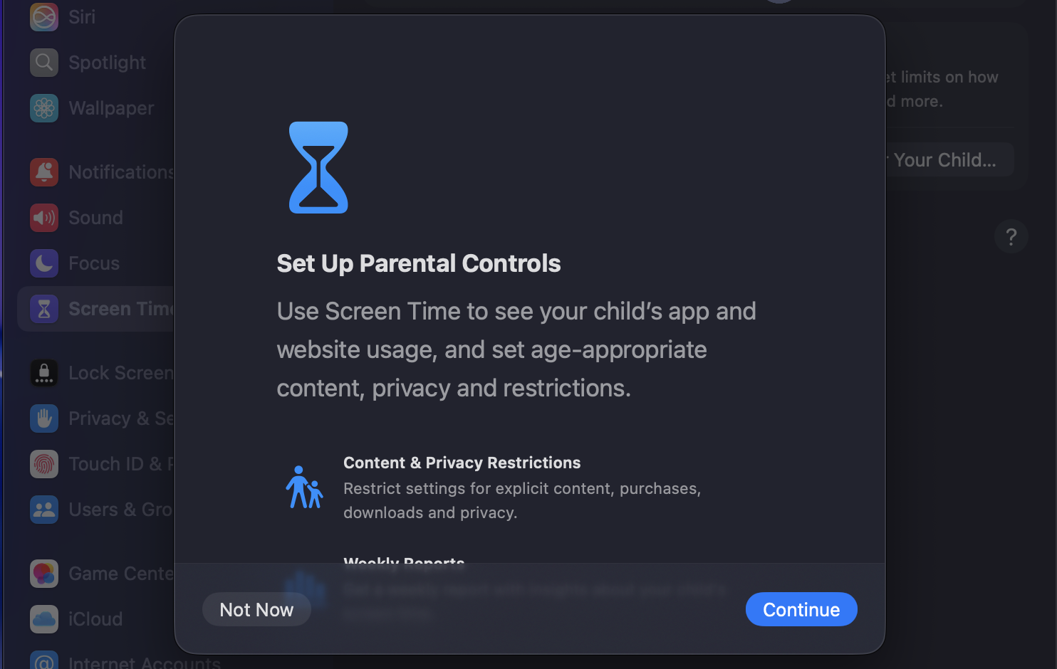 Screen Time Set Up Parental Controls dialog on a Mac, with Continue and Not Now buttons to turn on content and privacy restrictions.