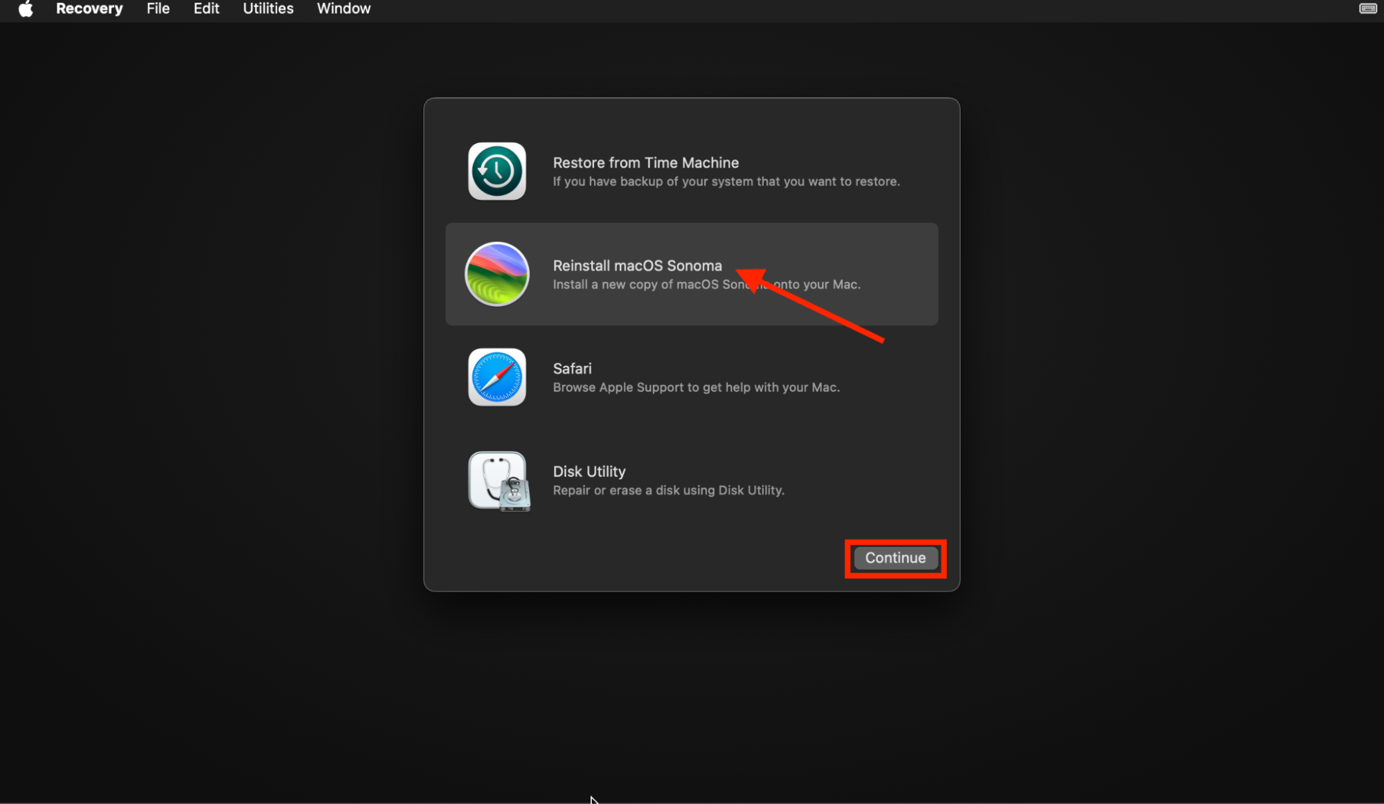 A list of Recovery mode options on Mac. Here, you can reinstall macOS to fix no startup disk errors.