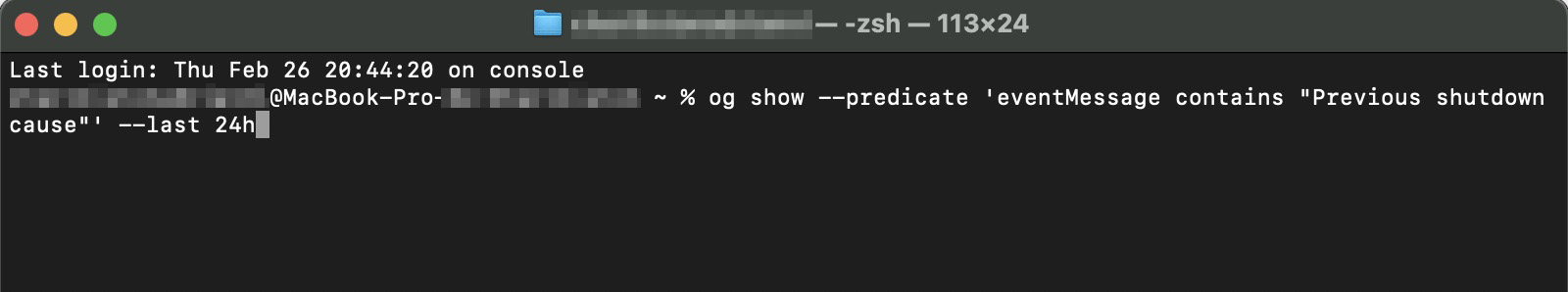 Para verificar os códigos de erro usando o Terminal, digite o seguinte comando: og show --predicate 'eventMessage contains Previous shutdown cause' --last 24h. E pressione Enter.