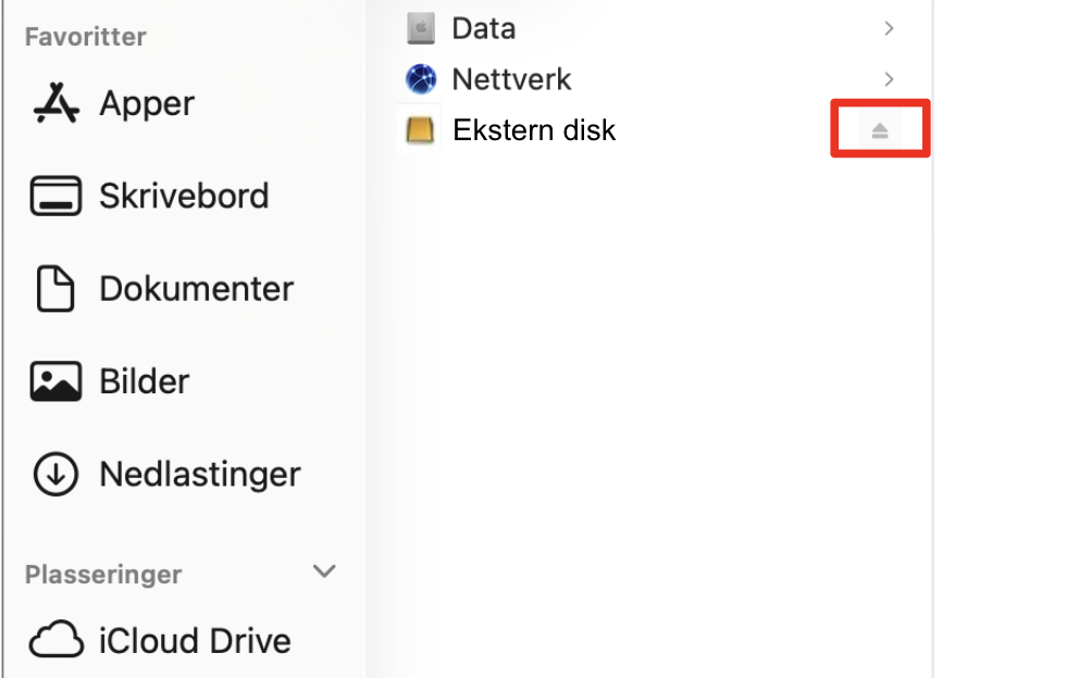 Før du kobler fra eksterne harddisker, bør du løse dem ut fra macOS, slik at du ikke mister data. Klikk på utløsingsikonet for å gjøre dette.