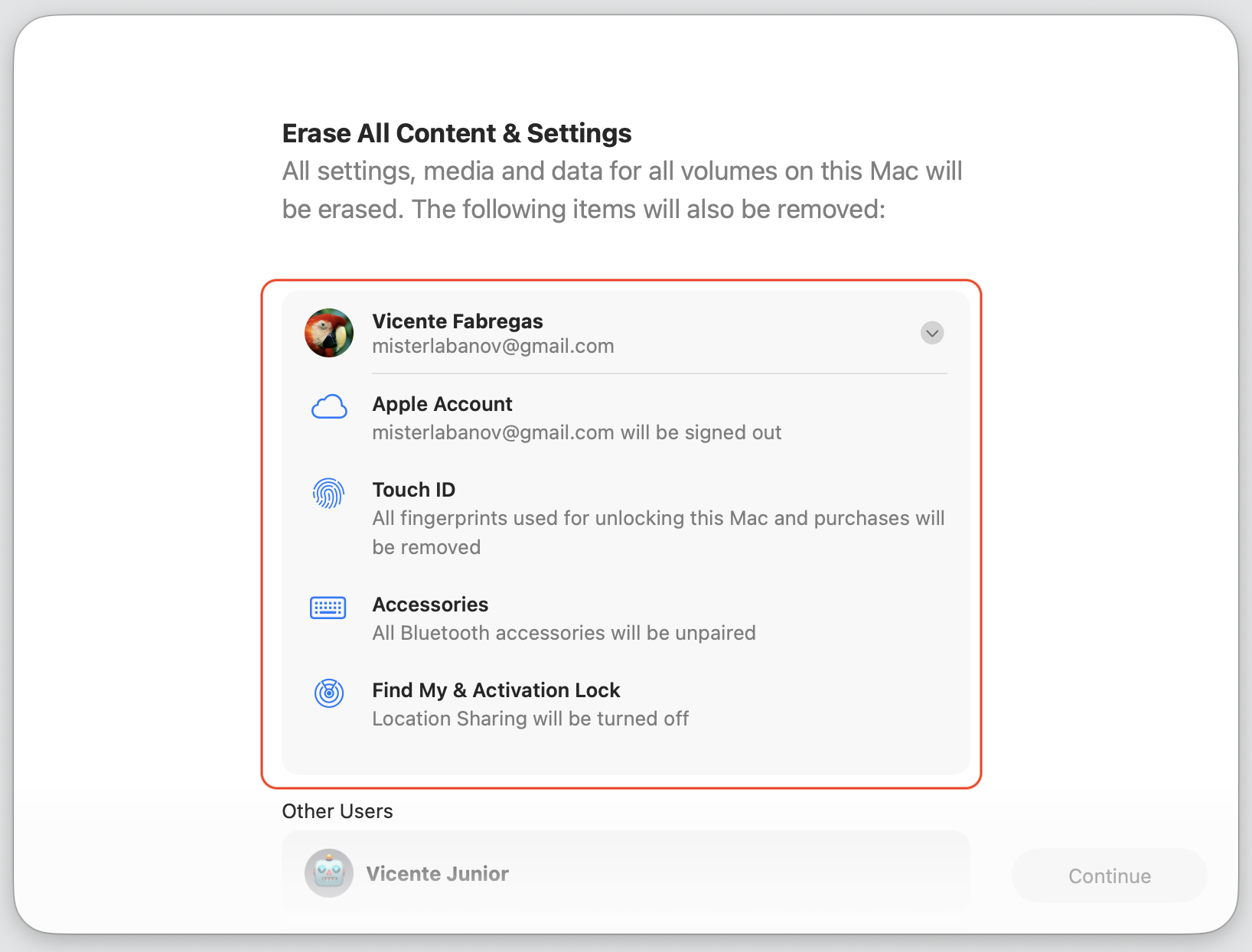 Erase Assistant on macOS Ventura asking you to select a user account to confirm the factory reset of a Mac desktop using only the mouse.