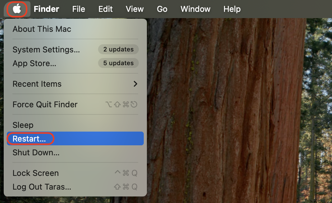 Go to the Apple menu and select Restart to reboot your Mac and refresh all background processes.