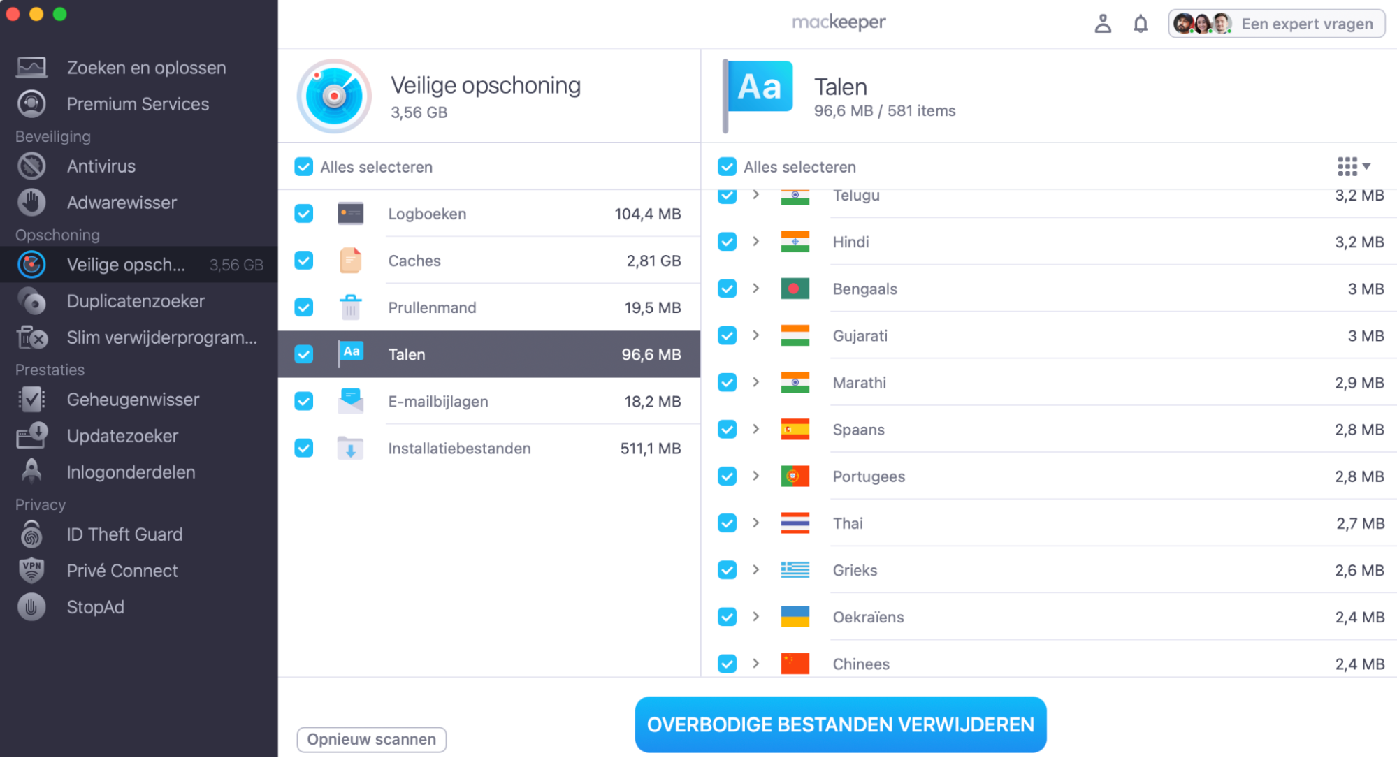 In het venster Talen in MacKeeper Veilige opschoning vink je de vakjes aan van de talen die je wilt verwijderen en klik je op Ruim rommelbestanden op.