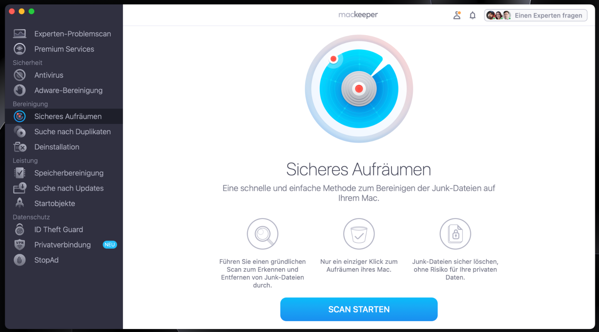 Um den Arbeitsspeicher Ihres Mac zu erweitern, verwenden Sie MacKeeper. Starten Sie die App, wählen Sie Sichere Aufräumen und klicken Sie auf Scan starten.