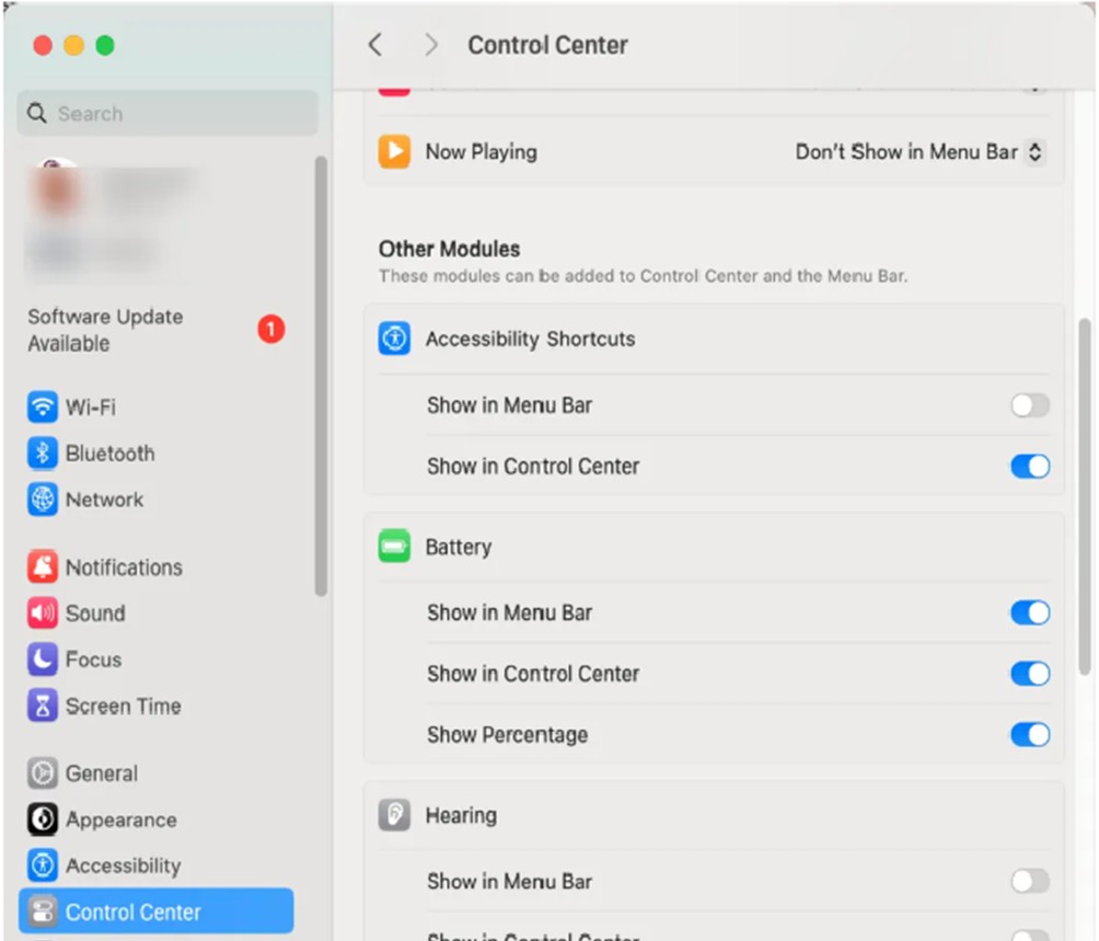 To check if your Mac is charging, if the battery icon is hidden from the menu bar, go to the Apple menu, find System Settings, then select Control Center, choose Battery, and enable Show in Menu Bar option.