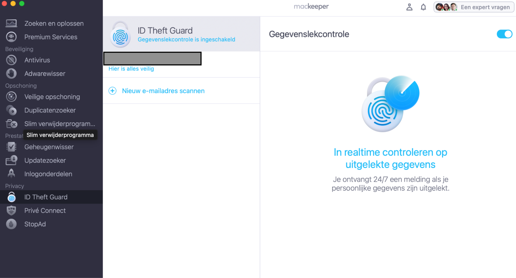 MacKeeper voert op de Mac een ID Theft Guard-controle uit en meldt dat er geen gegevenslekken zijn gevonden.