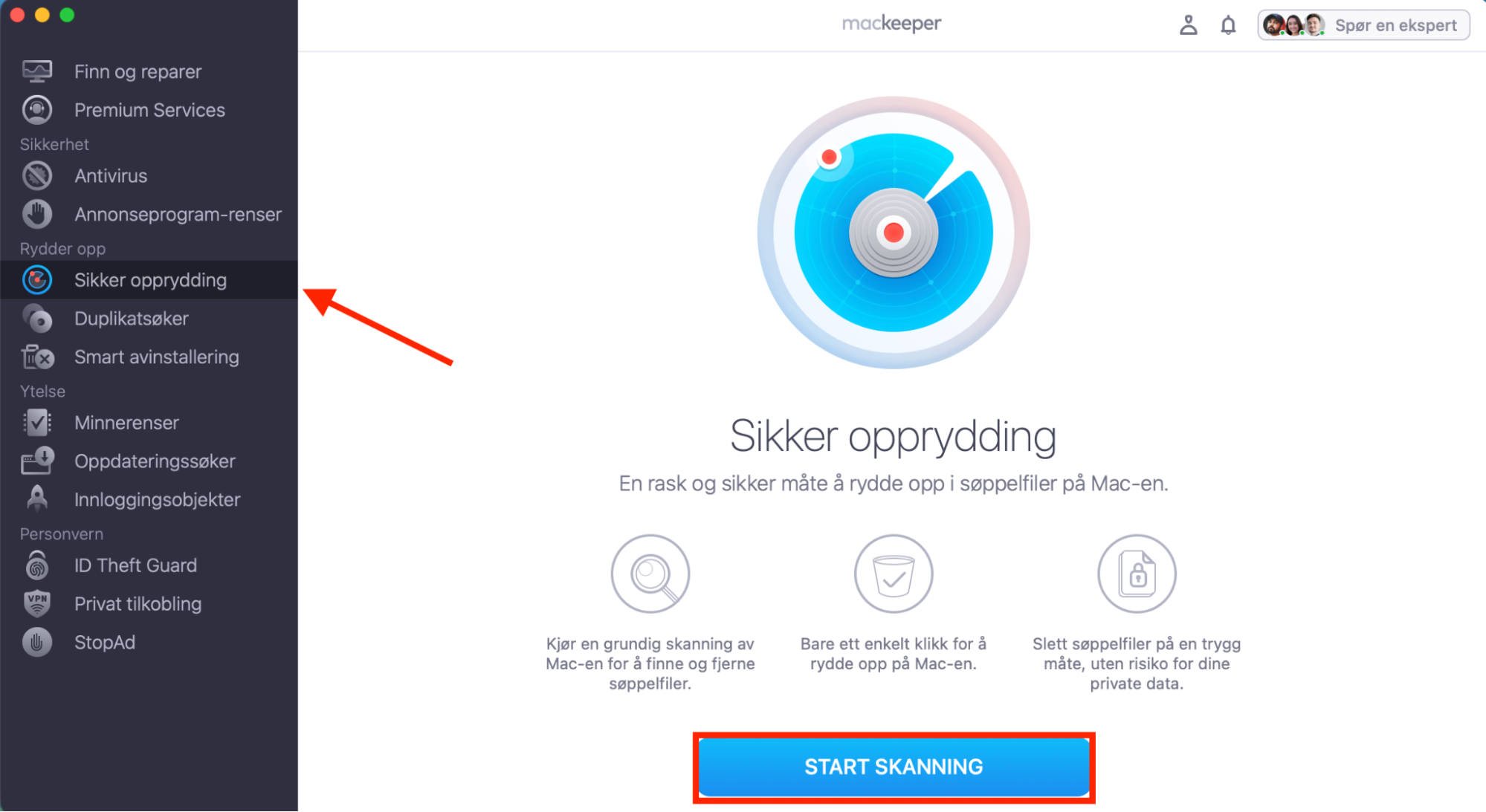 Bruk MacKeepers verktøy Sikker Opprydding for å finne og fjerne alt digitalt skrot fra Macen din. Start MacKeeper og velg Sikker Opprydding i menyen til venstre. Klikk på Start skanning for å begynne prosessen.