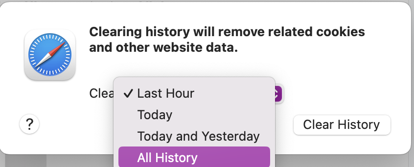 You can then clear all your history by clicking on the History tab in Safari. Go to Clear History and either choose your preferred date range or All History to give your Mac a deep declutter.