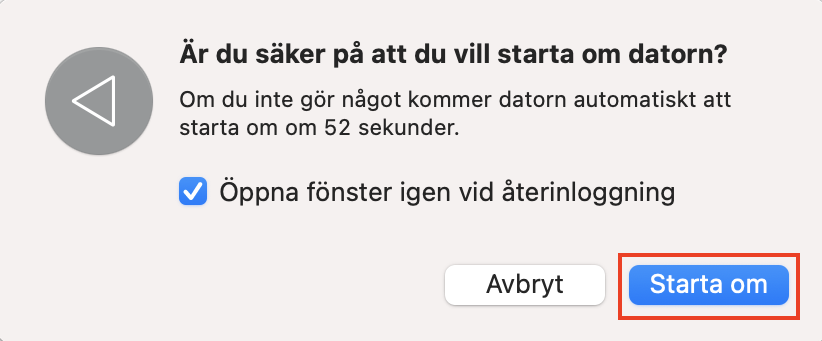 Bekräftelserutan för omstart på Mac. Prova att starta om din dator när en extern hårddisk inte känns igen i macOS.