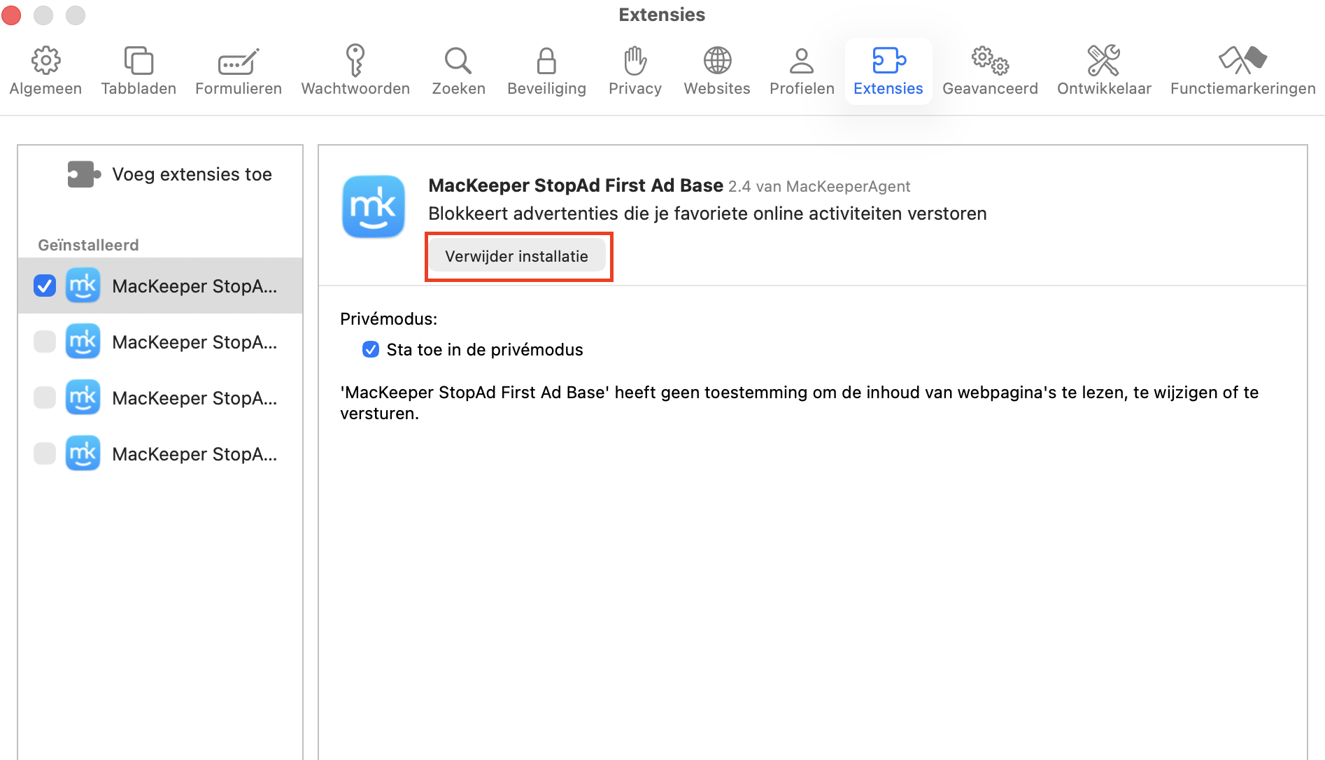In de Safari-instellingen kun je de geïnstalleerde extensies bekijken en verwijderen. Let op alles wat verdacht is en mogelijk malware kan zijn.