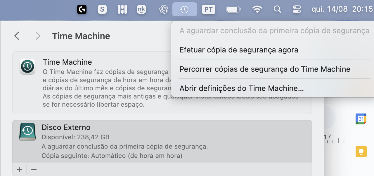 Também pode iniciar um backup (cópia de segurança) da Time Machine ao clicar no ícone na barra de menus do seu Mac e, em seguida, selecionando Efetuar Cópia de Segurança Agora.