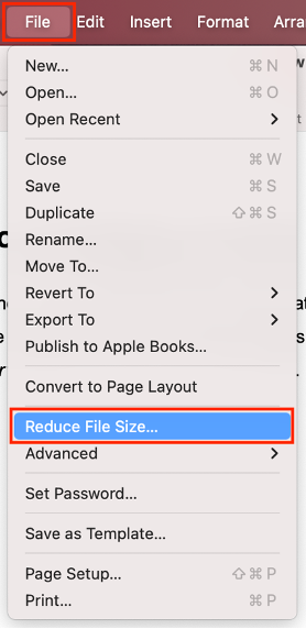 To reduce file size of a Pages document, open a file on your Mac and choose Reduce File Size.