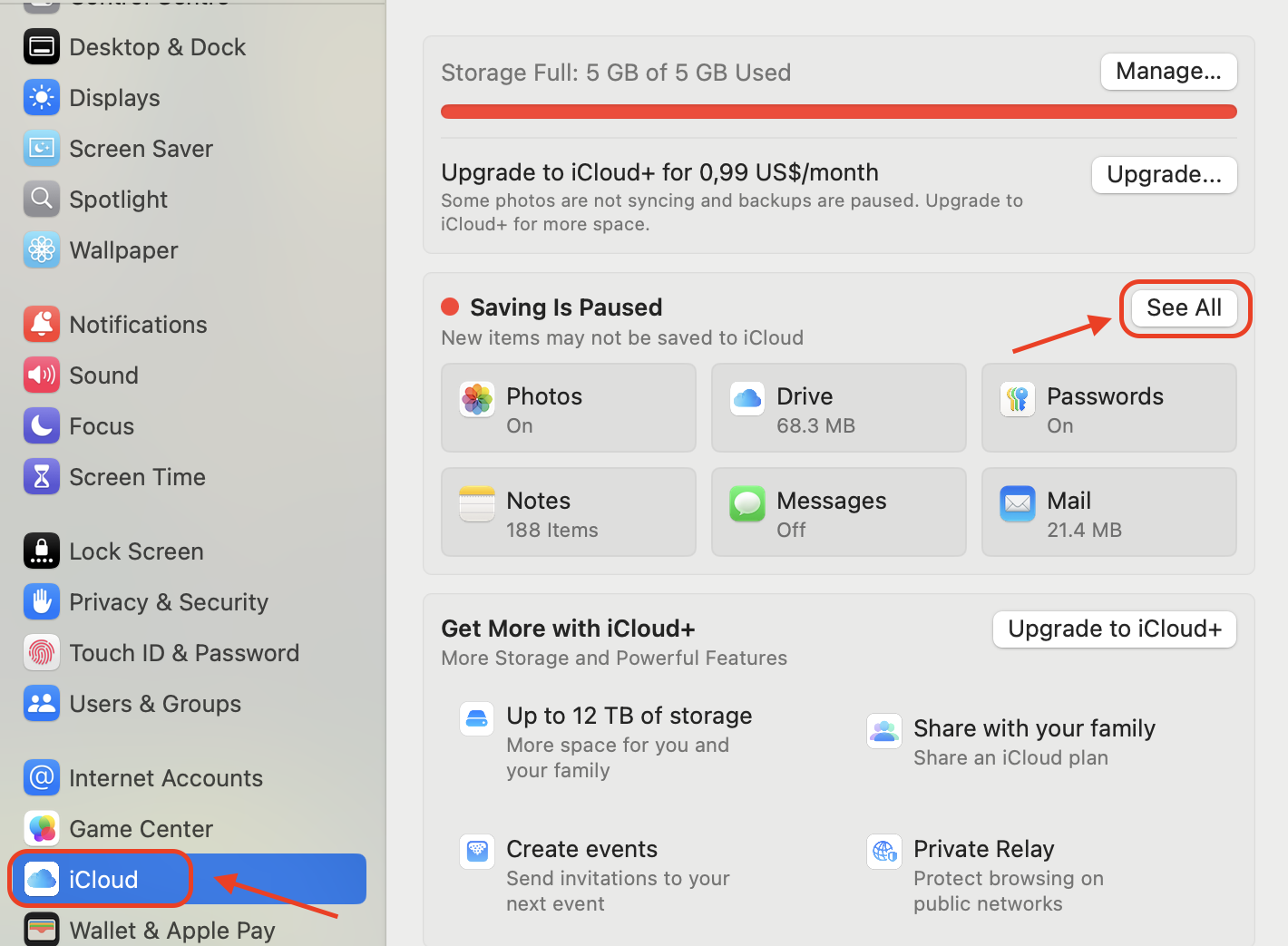Open System Settings, click your Apple ID, select iCloud, and then click See All to view and manage your iCloud settings and options.