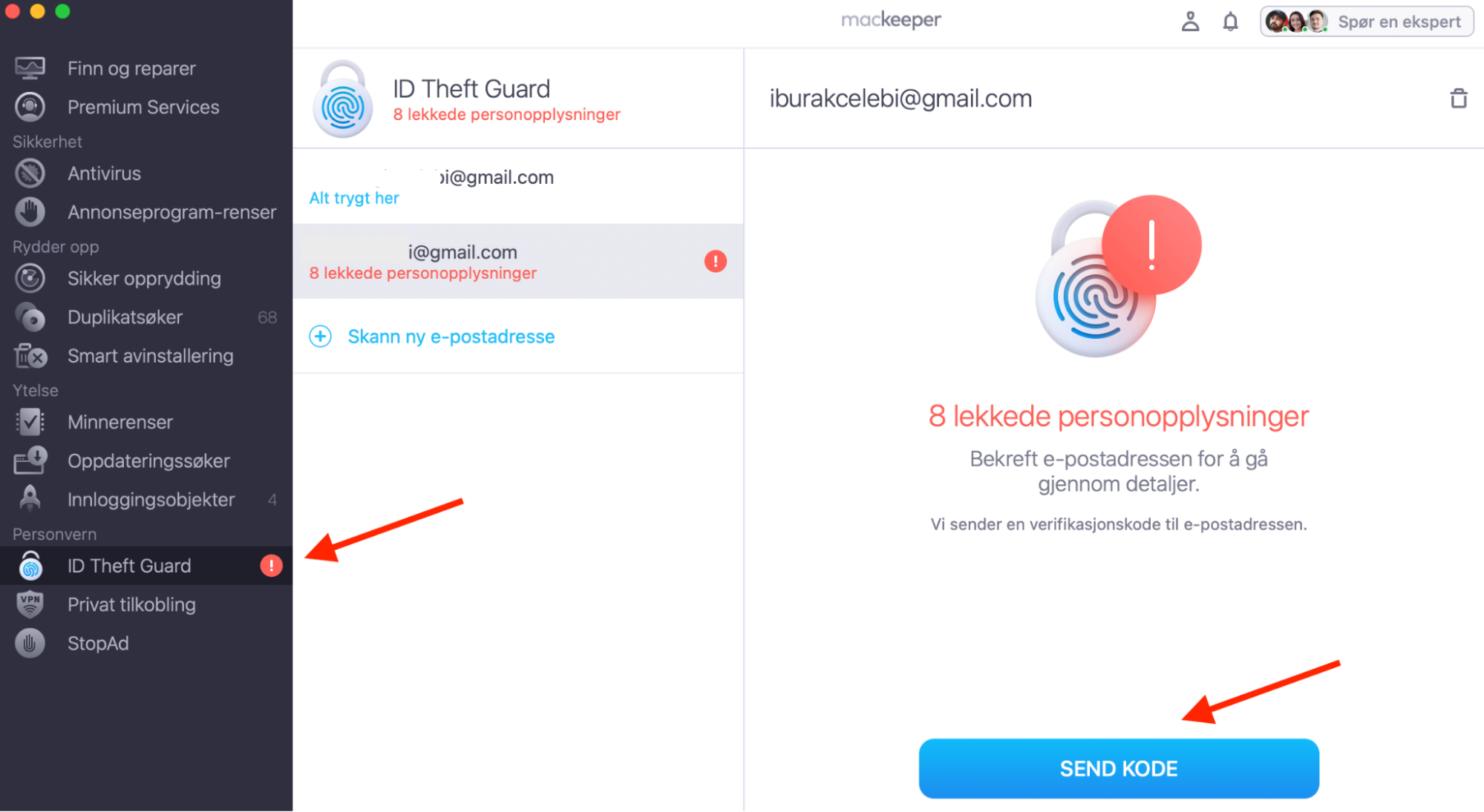 MacKeeper på Mac viser ID Theft Guard. For å sjekke om e-posten din er blitt kompromittert, klikker du på Send kode-knappen for å starte.