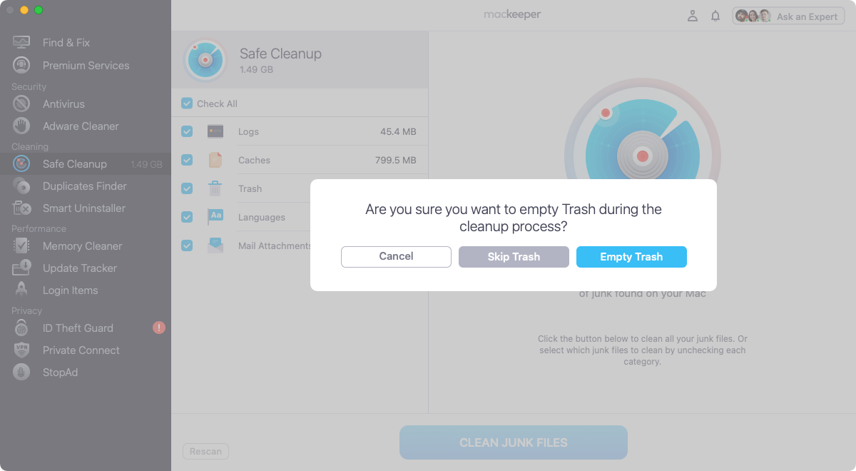 To confirm the removal of junk data with MacKeeper, click the 'Empty Trash' button or the 'Skip Trash' button. Your junk data will be removed.