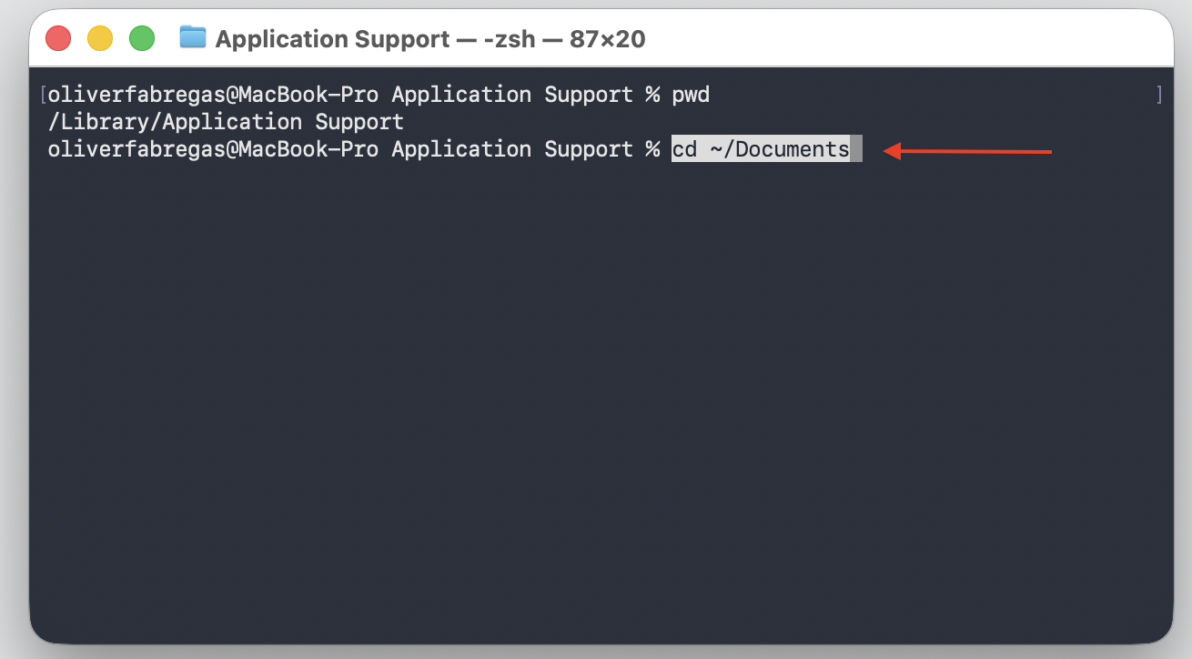 Terminal on a MacBook typing cd ~/Documents to switch out of a restricted directory into the user-friendly Documents folder.