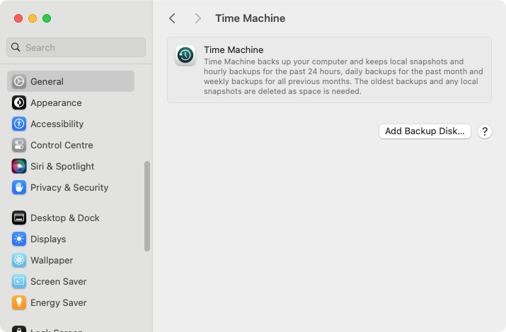 To defrag your Mac, first open your System Settings, go to General, and open Time Machine to backup your data.