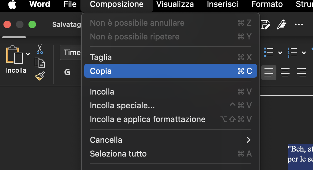 Oltre al menu contestuale, puoi usare la barra dei menu del tuo Mac per copiare e incollare contenuti e file. Questa funzione è disponibile nella maggior parte delle app.