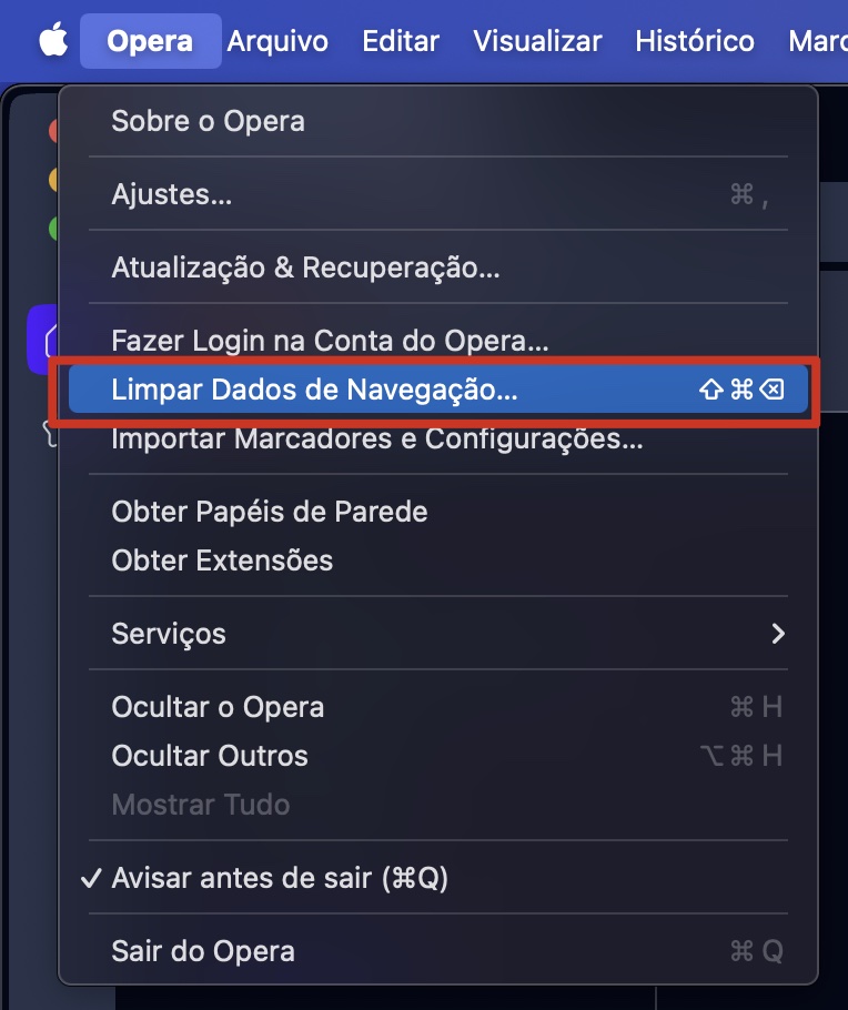No menu do navegador Opera no Mac, com a opção Limpar Dados de Navegação selecionada, clique em Limpar dados de navegação.