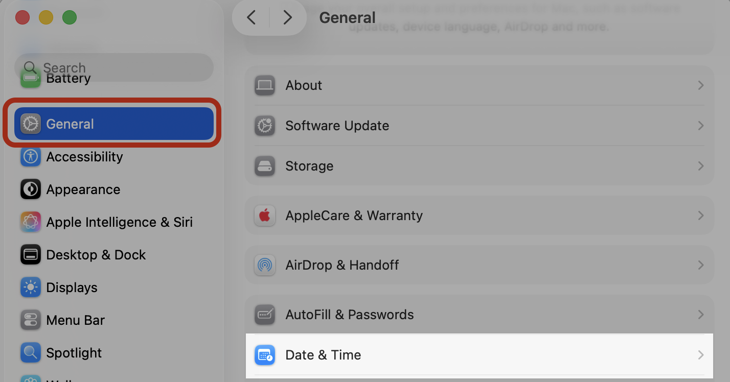 macOS System Settings sidebar on an iMac, with General highlighted and Date & Time selected to change the Mac time server.