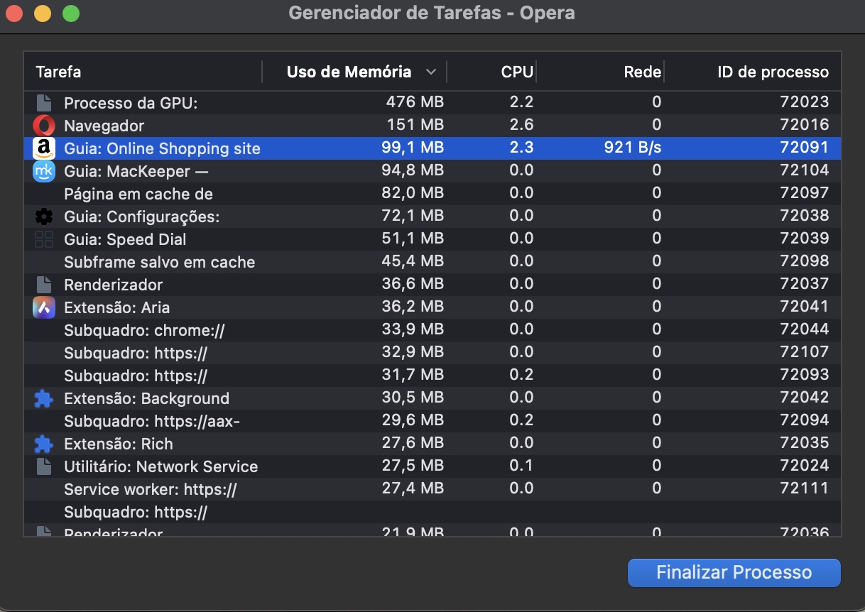 Feche quaisquer processos do Opera que estejam deixando seu Mac mais lento.