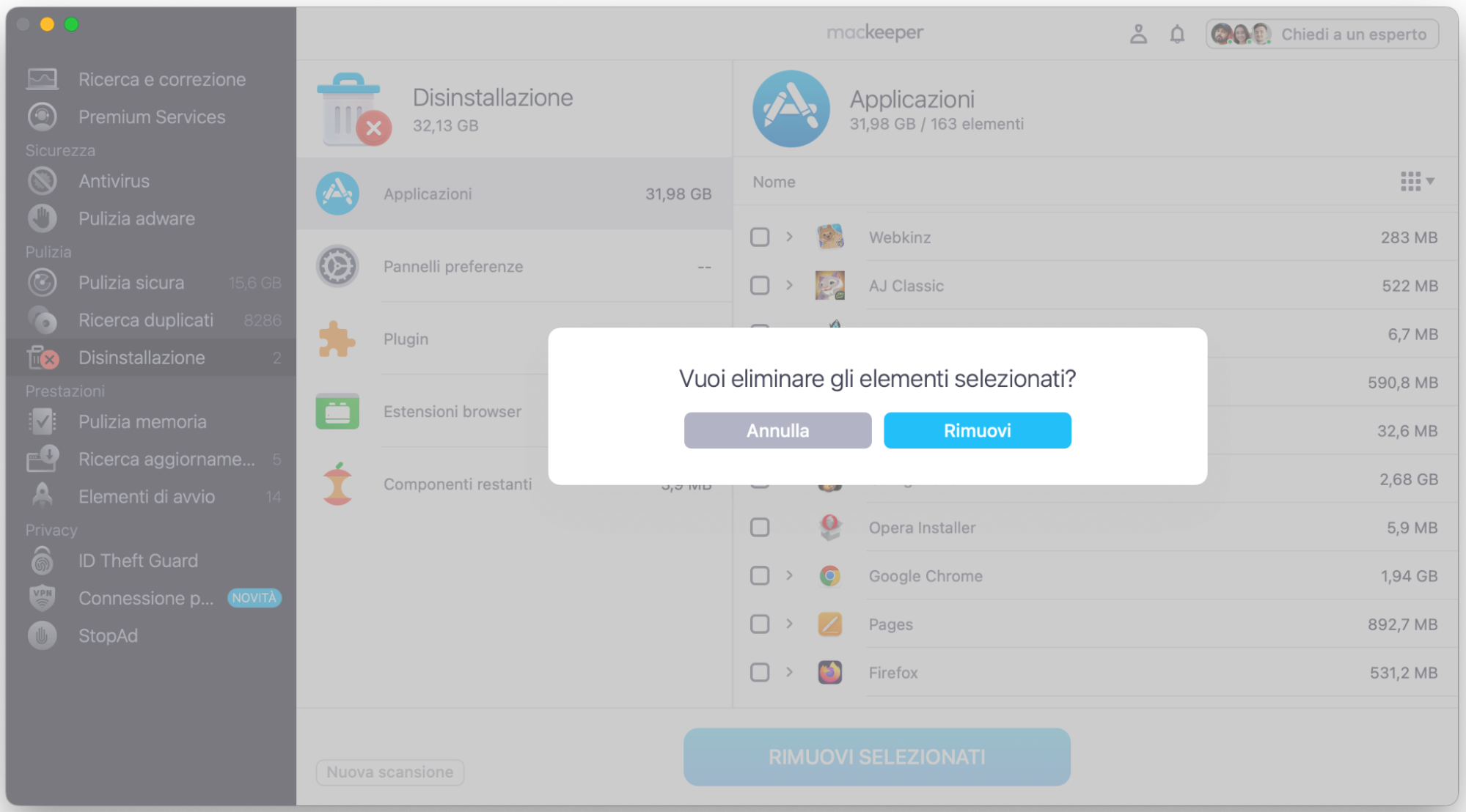 Fai clic su Rimuovi per confermare la rimozione dei file selezionati dal tuo Mac.