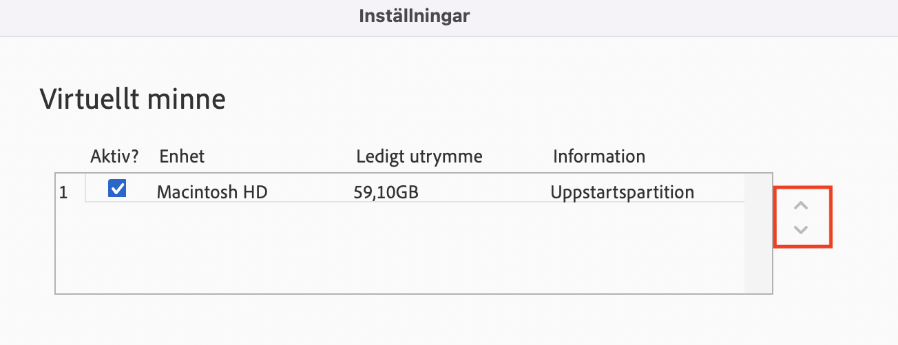 För att fortsätta processen med att byta enhet för scratchdisken på en Apple-dator. I fönstret Virtuellt minne visas en lista över dina hårddiskar, ändra prioriteringarna efter behov och bekräfta med OK.