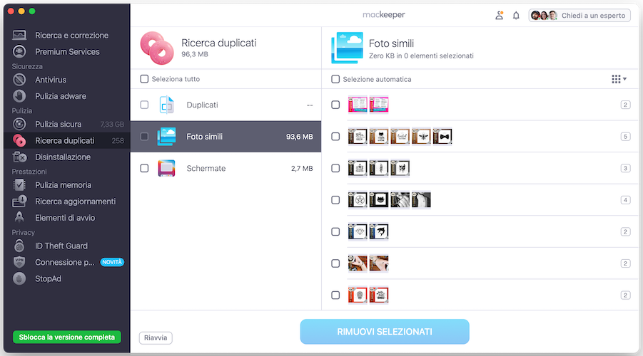 MacKeeper su Mac mostra lo strumento Ricerca Duplicati. Scansiona il Mac alla ricerca di file duplicati e simili, seleziona quelli che vuoi eliminare, quindi clicca sul pulsante Rimuovi selezionati.