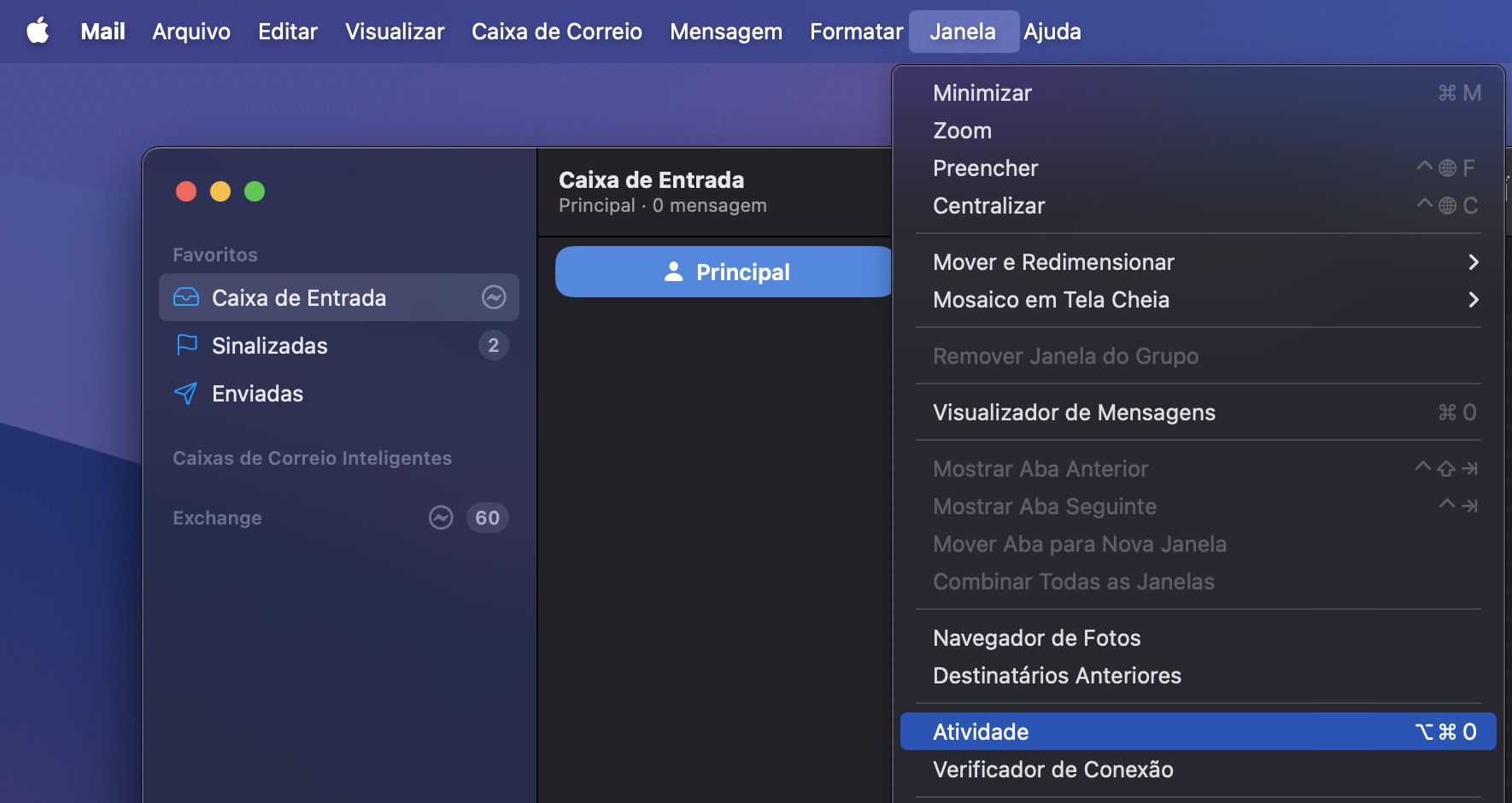 Depois de abrir o app Mail no Mac, você precisará clicar em Janela e, em seguida, rolar para baixo para selecionar Atividade.