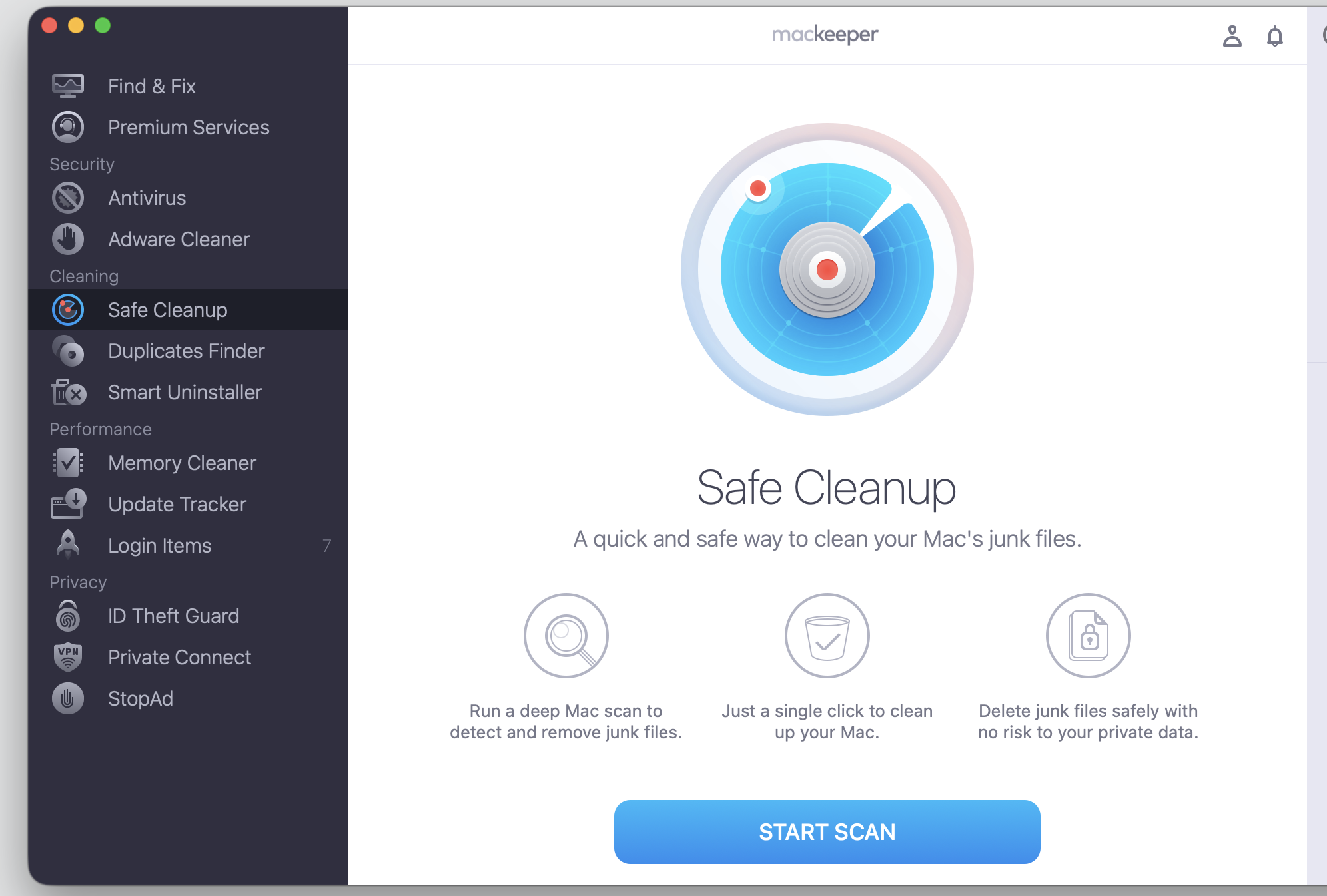 MacKeeper's Safe Cleanup window on a MacBook showing the junk-file cleaning overview, with the blue Start Scan button ready to clear caches.