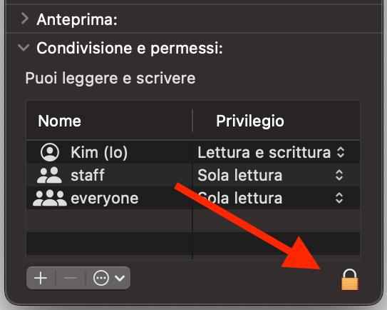 In fondo alla finestra apparirà un'icona a forma di lucchetto. Fai clic per modificare i permessi in modo da poter eliminare il file.