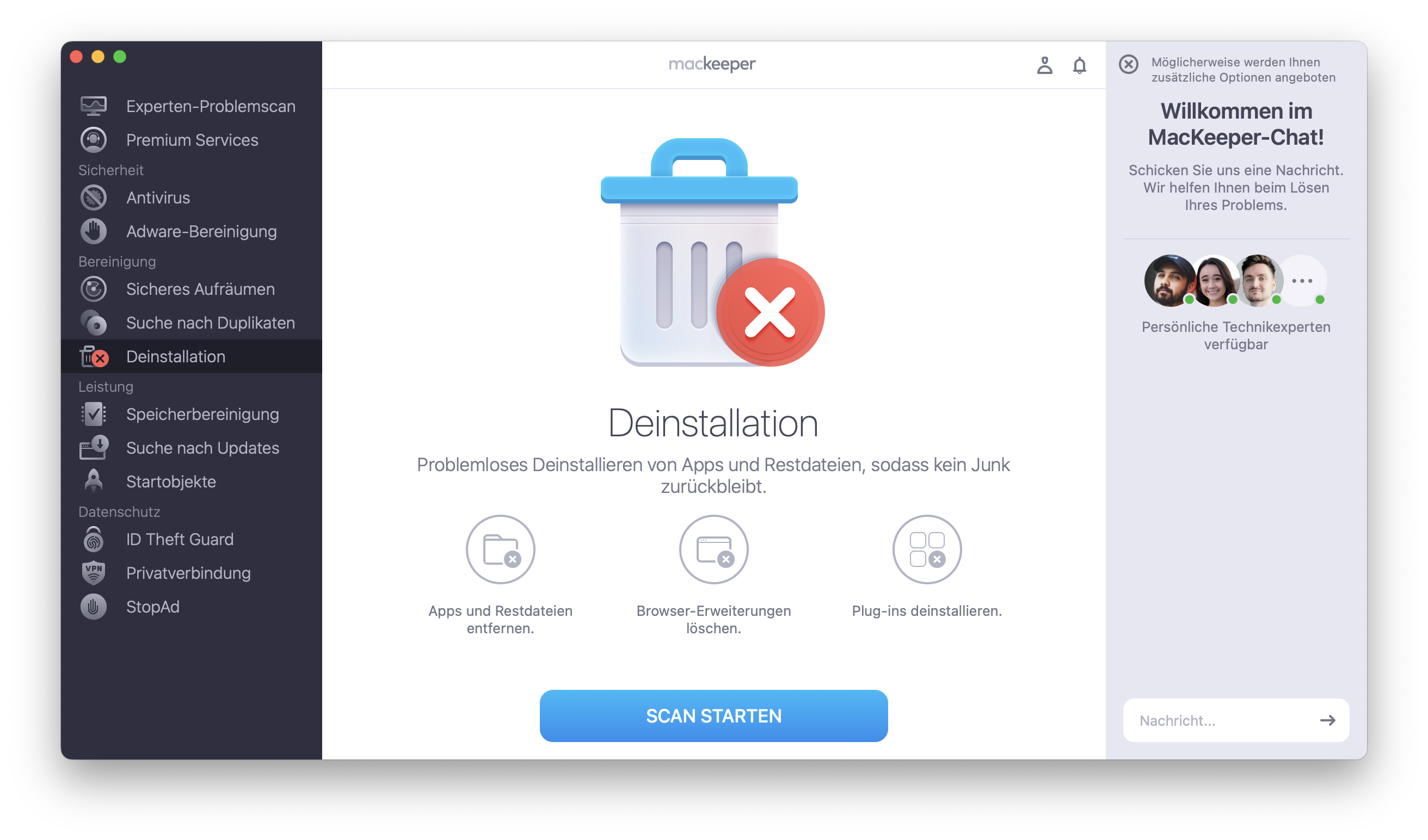 Um eine Anwendung mithilfe von MacKeeper zu entfernen, öffnen Sie die Anwendung und wählen Sie die Funktion Deinstallation. Klicken Sie anschließend auf Scan starten. Der Vorgang dauert nur wenige Momente.