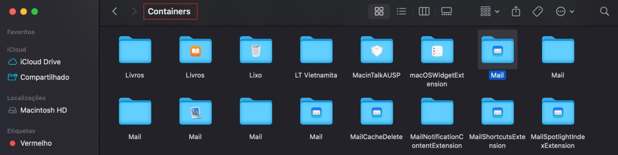 Agora volte cinco pastas para trás na estrutura de containers e procure pelas pastas que começam com com.apple.mail e com.apple.MailServiceAgent. Selecione ambas e arraste-as para a sua área de trabalho para redefinir as preferências do Mail.